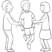 Two people helping a third person jump off the ground, as seen in fun group stunt Moon Walking