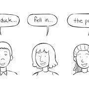 Three people saying the words One Duck, Fell In, The Pond as part of fun circle game