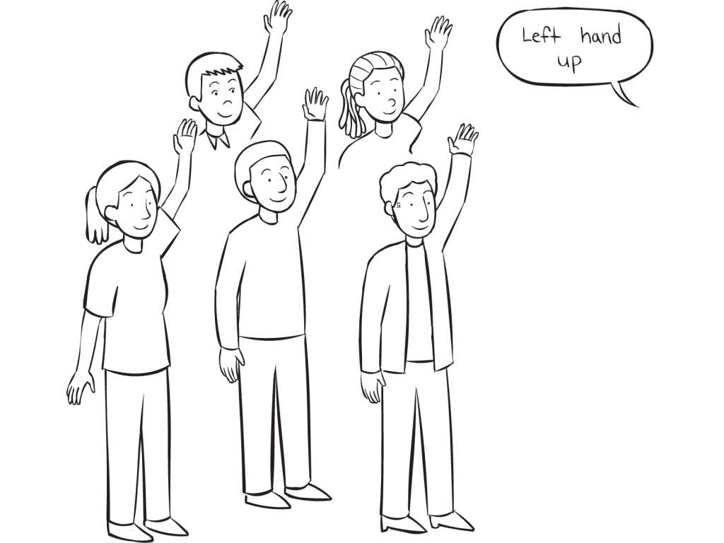Group of people with left arms in the air, playing Simon Says Stretch group energiser game