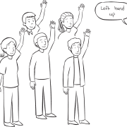 Group of people with left arms in the air, playing Simon Says Stretch group energiser game