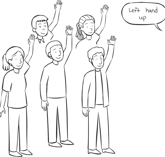 Group of people with left arms in the air, playing Simon Says Stretch group energiser game