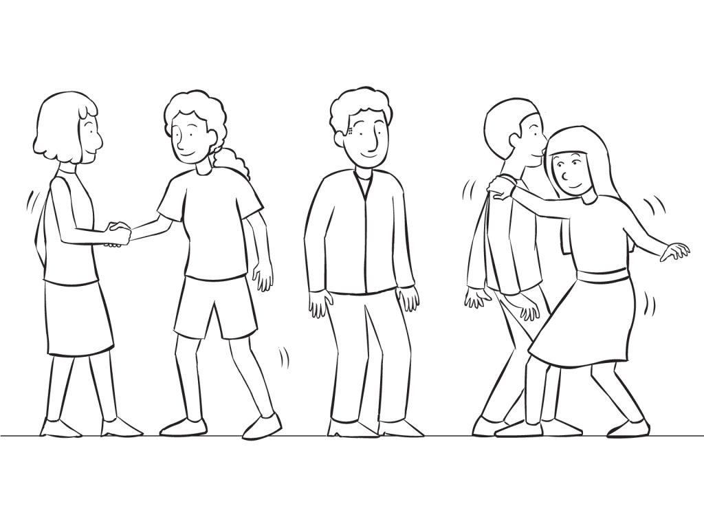 Group of people standing in a line, trying to pass one another as seen in TP Shuffle on a Rope fun coordination challenge