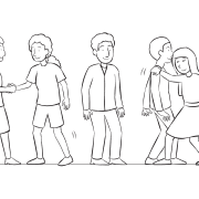 Group of people standing in a line, trying to pass one another as seen in TP Shuffle on a Rope fun coordination challenge