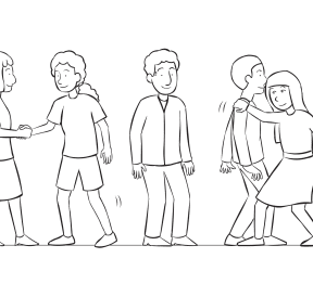 Group of people standing in a line, trying to pass one another as seen in TP Shuffle on a Rope group initiative