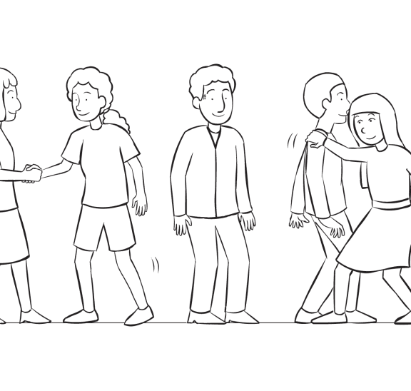 Group of people standing in a line, trying to pass one another as seen in TP Shuffle on a Rope fun coordination challenge