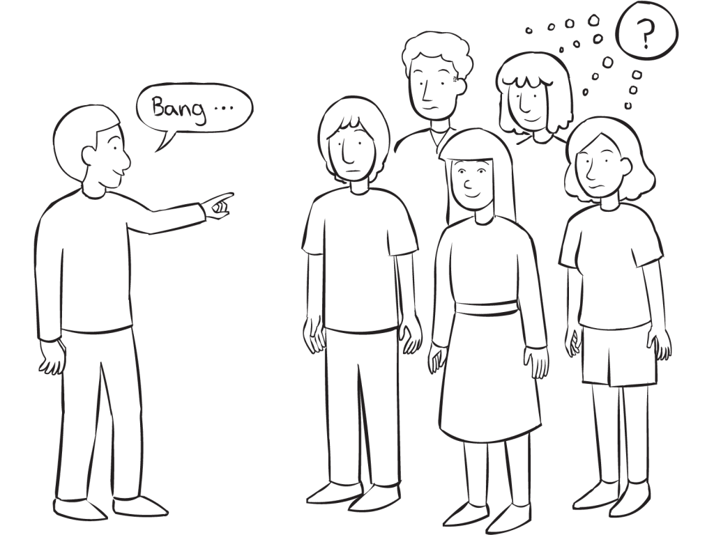 One person pointing to a group of people playing a fun mystery thinking game called Bang You're Dead