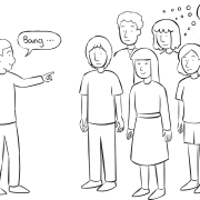 One person pointing to a group of people playing a fun mystery thinking game called Bang You're Dead