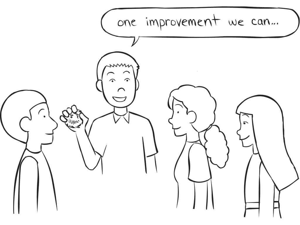 Group discussing team-building improvements in Coloured Ball Debrief, a group reflection exercise that helps how to conduct a debrief