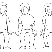 Three people using hands to tap their knees as part of large group exercise called Coming & Going of the Rain