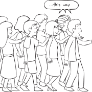 Group of people with eyes closed walking forward as viewed in team navigation challenge Group Compass Walk