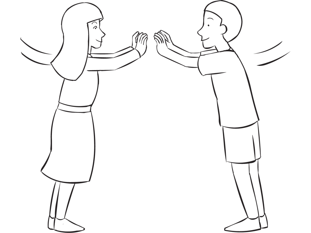 Two people leaning into each other using their arms, as part of partner trust exercise Human Spring teambuilding activity