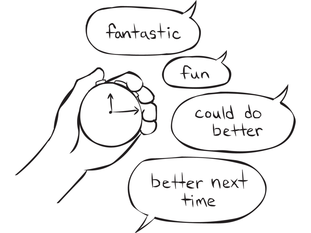 Hand holding a stop-watch with talk bubbles, as heard in One Minute Debrief quick reflection activity