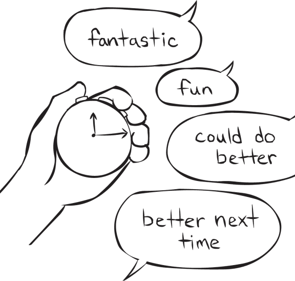 Hand holding a stop-watch with talk bubbles, as heard in One Minute Debrief quick reflection activity