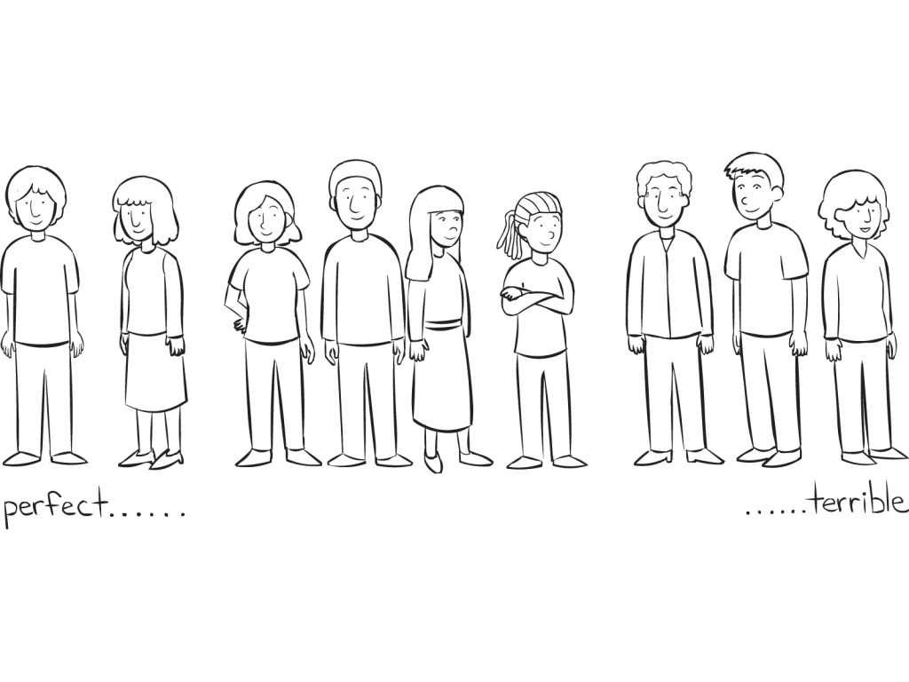 Group of people standing in straight line facing forward as part of non-verbal debrief activity Spectrums Debrief, one of many debriefing tips