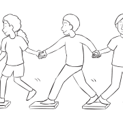 People working as a team crossing a series of steps on the ground as featured in challenging team-building activity Stepping Stones