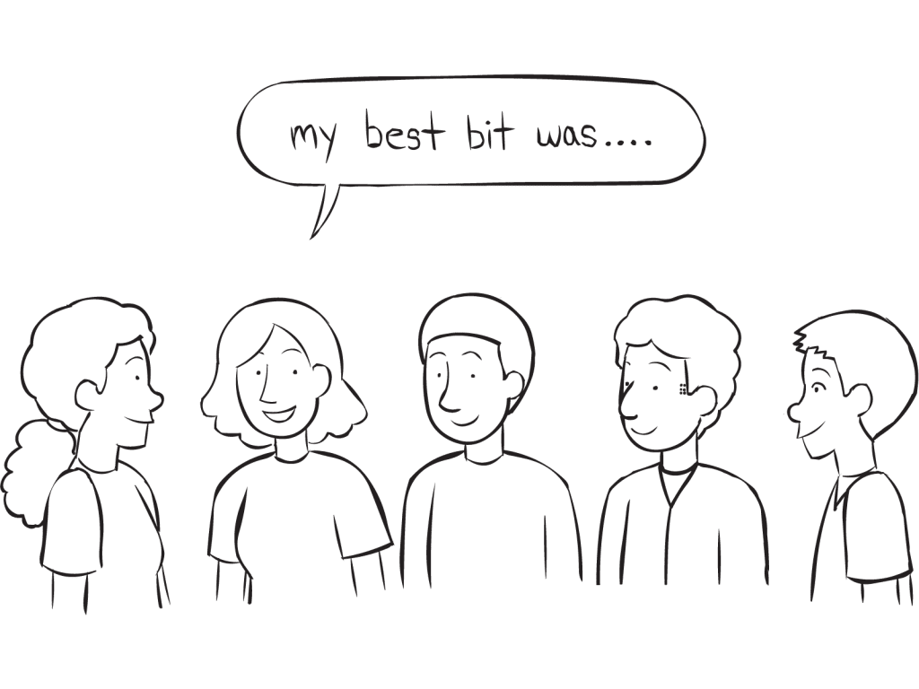 Group of people discussing what they learned in Whip Around quick debrief strategy