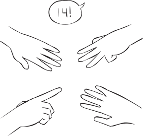 Four hands with outstretched fingers involved in fun small group mathematical exercise called Your Add as also featured in Around The World