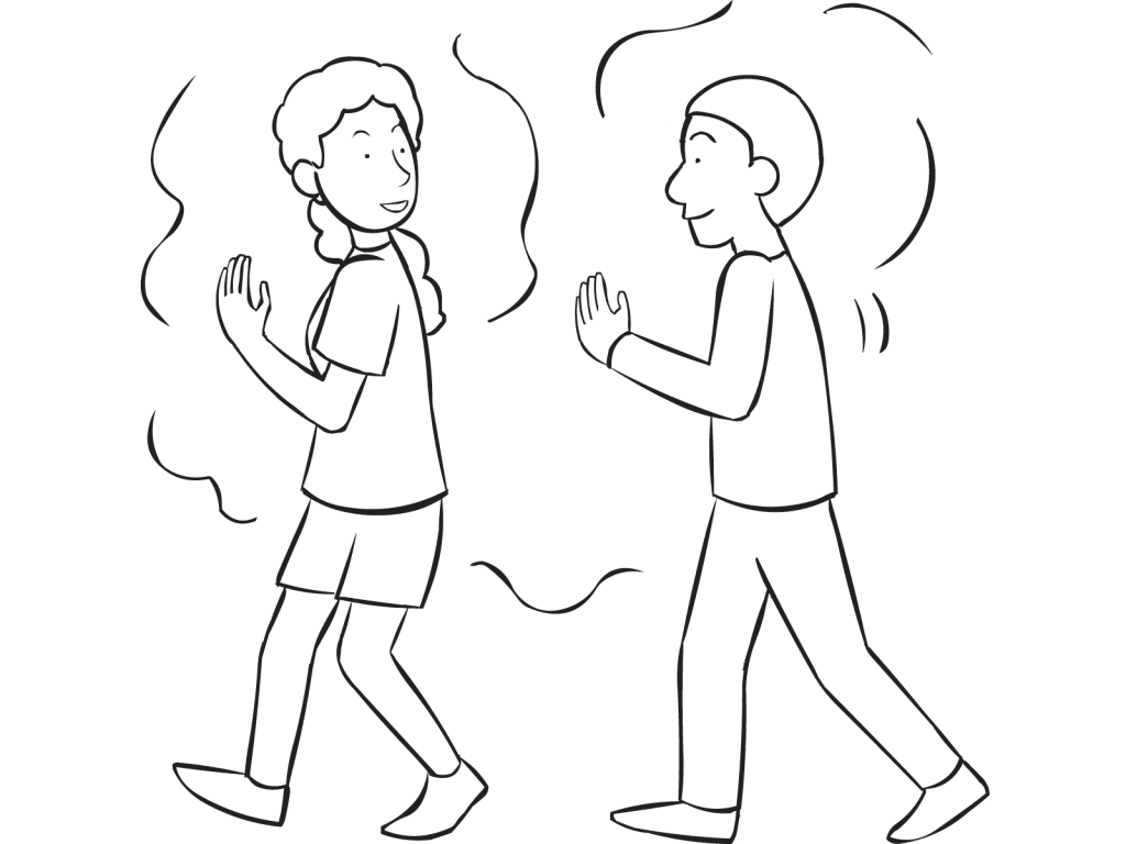 Two people moving quickly in a fun partner tag game called Walk Tag