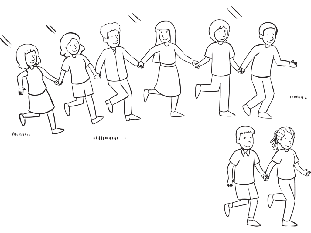 Line of people holding hands chasing pairs in classic PE tag game called Blob Tag