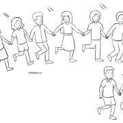 Line of people holding hands chasing pairs in classic PE tag game called Blob Tag