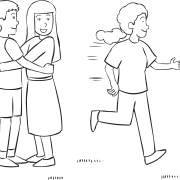 Two people hugging while a third is running past them, in Hug Tag game