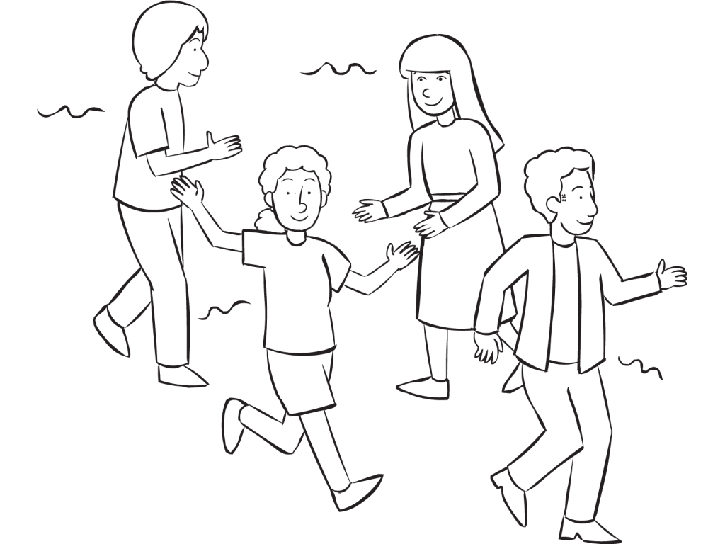 Group of people running around playing the energetic tag game Everybody Is It