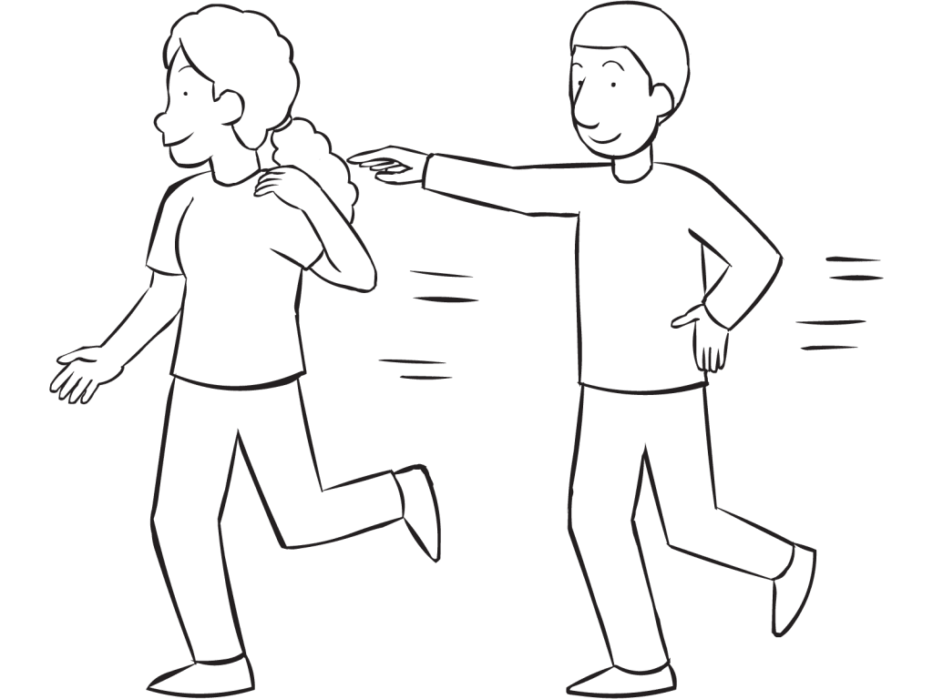 Man tagging a woman on shoulder as part of active tag game Hospital Tag