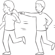 Man tagging a woman on shoulder as part of active tag game Hospital Tag