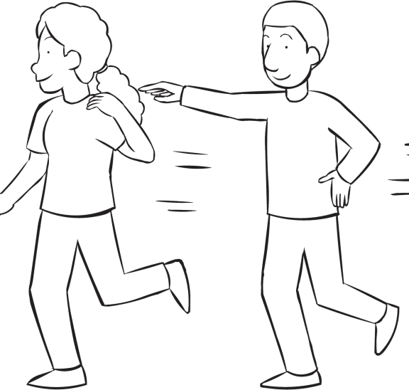 Man tagging a woman on shoulder as part of active tag game Hospital Tag