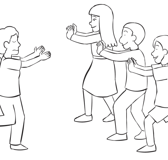 Group of spotters waiting to stop blindfolded person running in trust-building challenge of I Trust You, But...