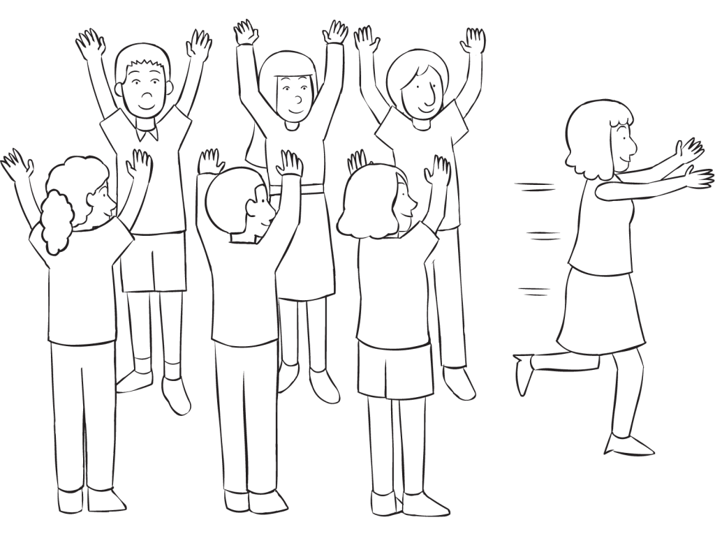 Woman running through the centre of two lines of people, as seen in advanced trust-building exercise called Trust Wave