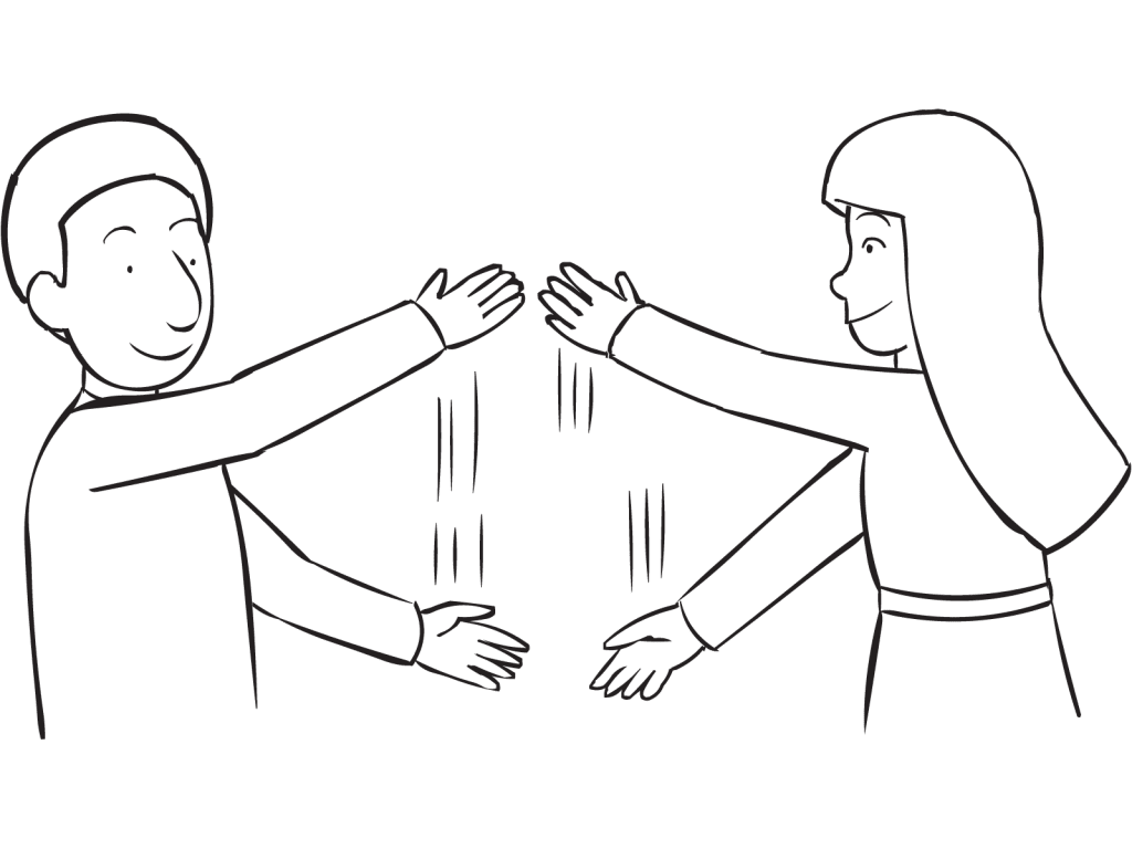 Two people waving their arms in front of themselves in chopping motions as part of Slice and Dice exciting trust-building challenge