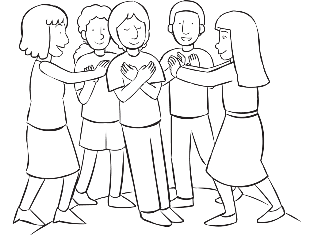 Small group spotting a man with eyes closed from hitting the ground as part of powerful trust-building exercise called Wind In The Willows