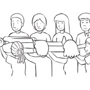 Group of people holding a man horizontally off the ground as part of group trust activity Levitation