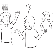 Group of people looking puzzled trying to find their place in popular silent communication exercise Mute Line-Up