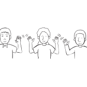 Three people imitating the same gesture with hands in the air, as seen in Negotiation team-building activity
