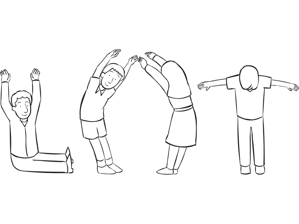 Four people orienting their bodies to spell a word, as featured in non-verbal communication activity Body English