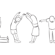 Four people orienting their bodies to spell a word, as featured in non-verbal communication activity Body English