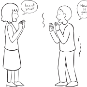 Two blind-folded people playing the trust-building group game Izzat You?