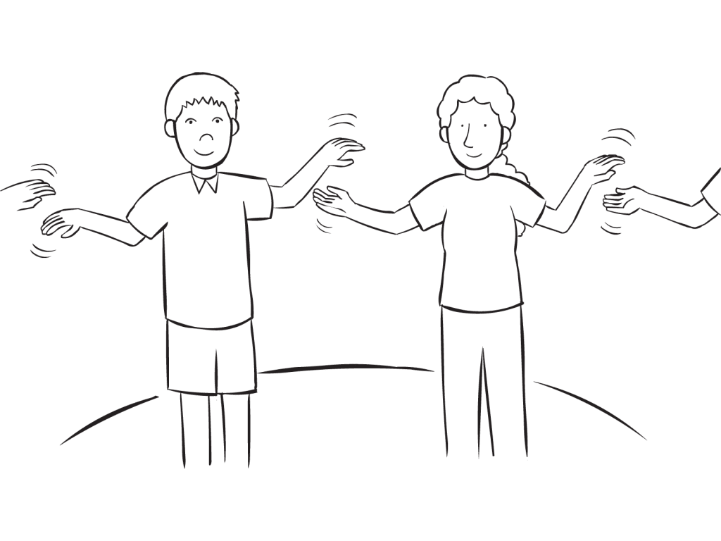 Group of people standing in a circle involved in team cooperation activity called Circle Clap