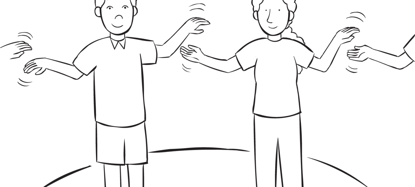 Group of people standing in a circle involved in team cooperation activity called Circle Clap