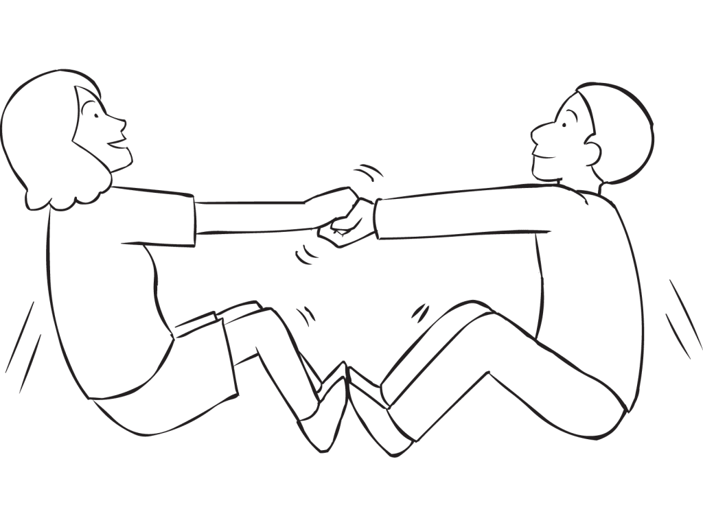 Two people holding hands trying to pull themselves off the ground in progressive team-building activity called Everybody Up