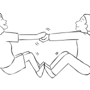 Two people holding hands trying to pull themselves off the ground in progressive team-building activity called Everybody Up