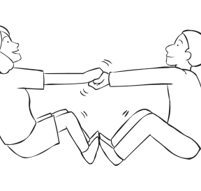 Two people holding hands trying to pull themselves off the ground in team-building exercise called Everybody Up