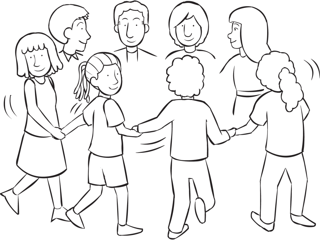 People holding hands in circle rotating quickly as The Clock team coordination activity, a terrific back to school activity