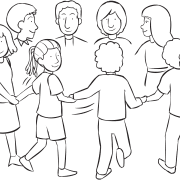 People holding hands in circle rotating quickly as The Clock team coordination activity, a terrific back to school activity