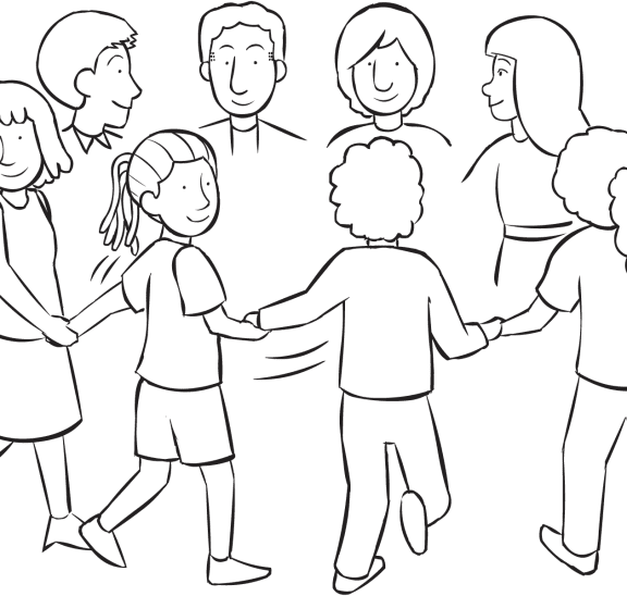 People holding hands in circle rotating quickly as The Clock team coordination activity, a terrific back to school activity