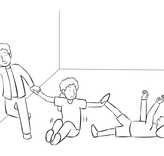 Small group of people working together in physical team-building activity Span The Room