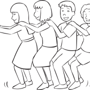 Four people in tight circle about to sit on each others laps, a team trust activity called Lap Circle