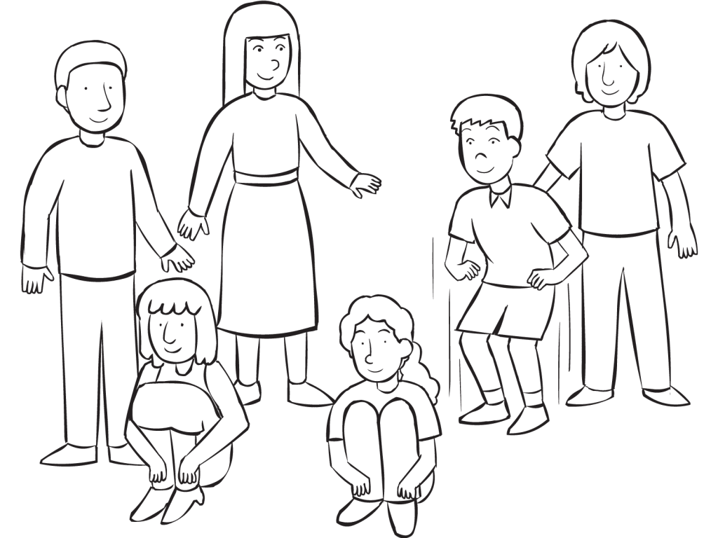 Group of people bobbing up and down as part of fun coordination game called Four Up